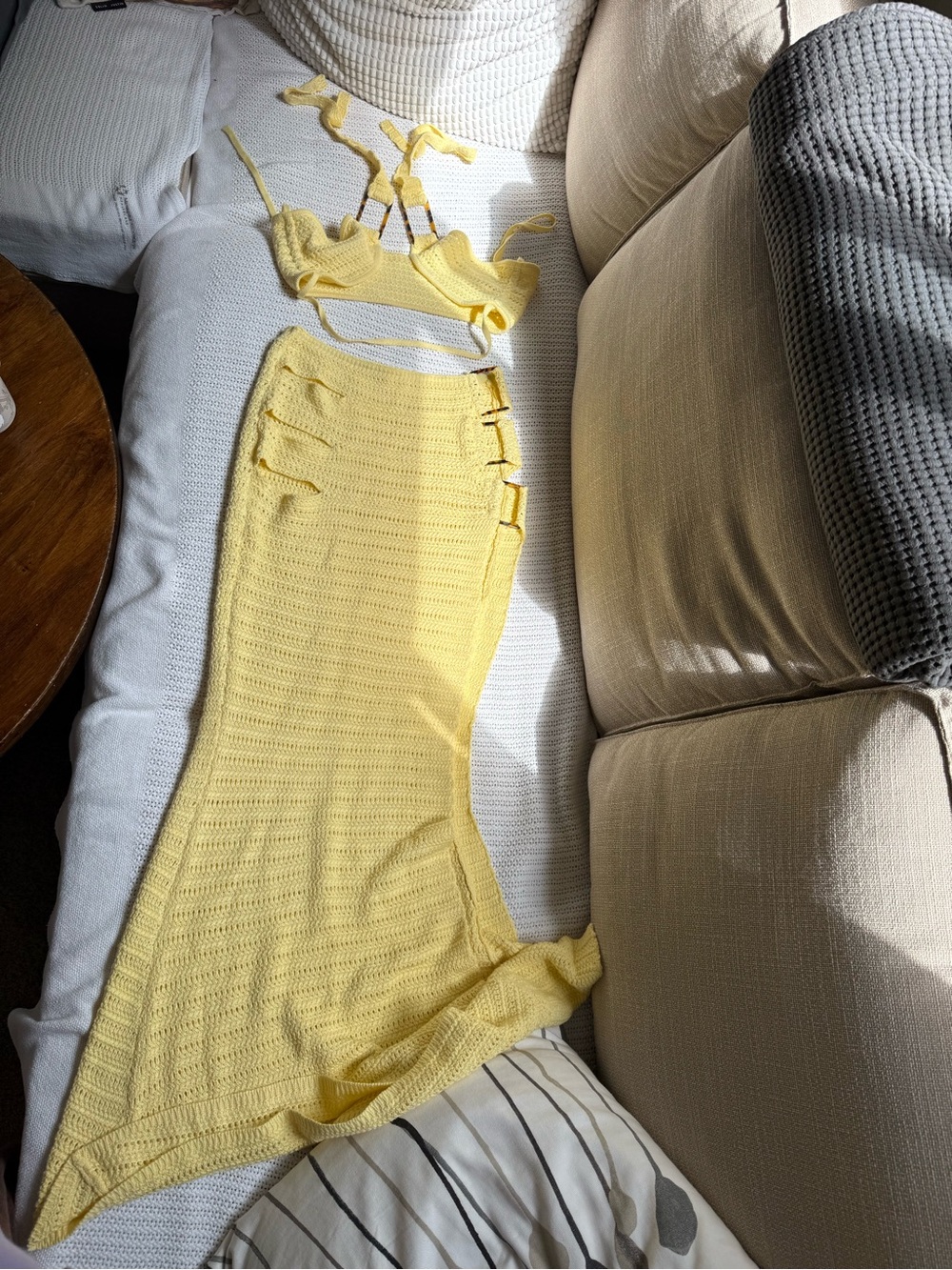 High-Slit Crochet Maxi Skirt in butter Yellow with matching top